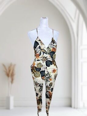 ECOWISH Tropical Floral Crinkle Wrap V-Neck Jumpsuit Size Small Ankle Tie